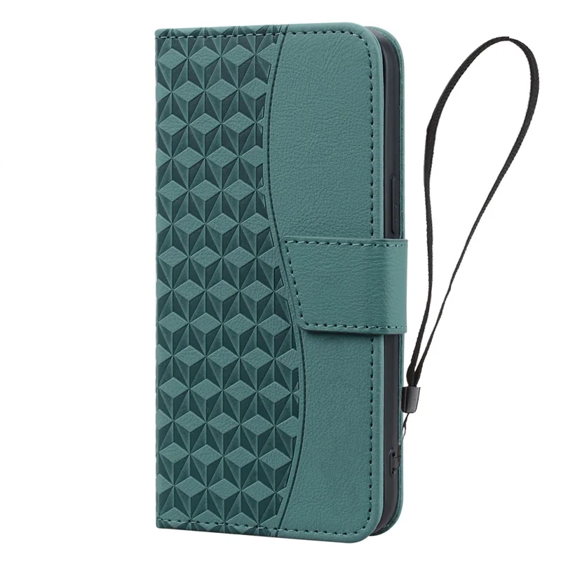 For iPhone 14 Pro Max Leather Case Imprinted Rhombus Wallet Cover - Green