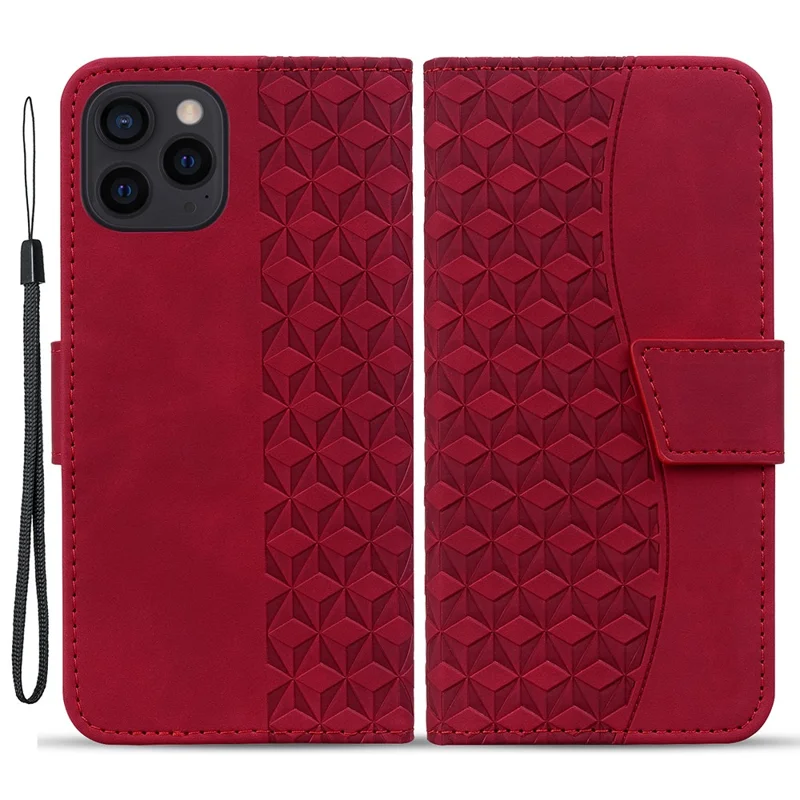 For iPhone 14 Pro Case Imprinted Rhombus Phone Leather Cover - Wine Red