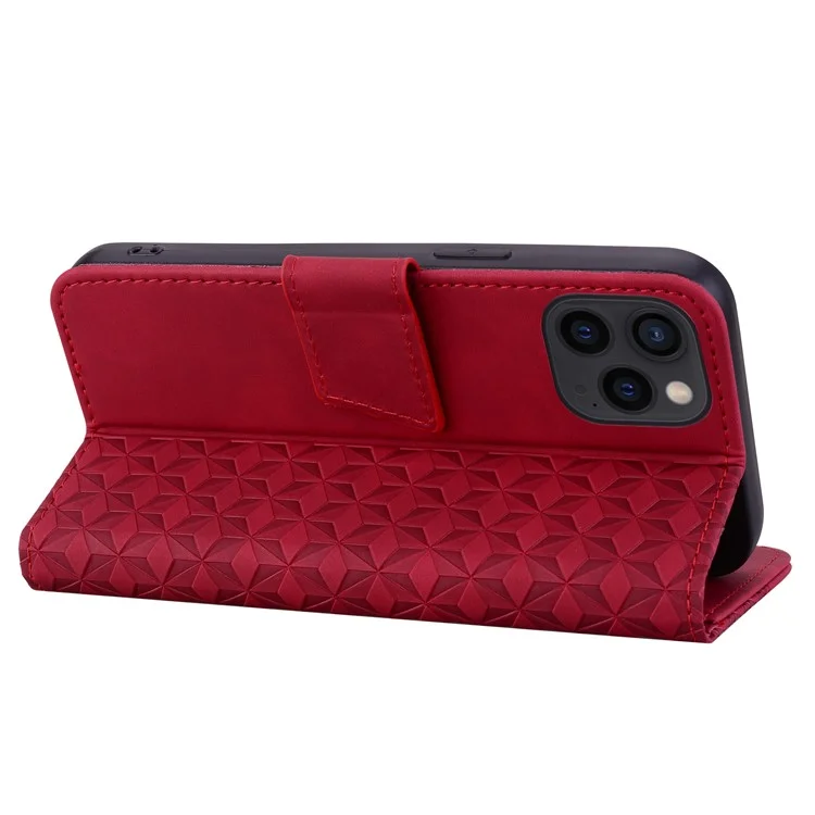 For iPhone 14 Pro Case Imprinted Rhombus Phone Leather Cover - Wine Red