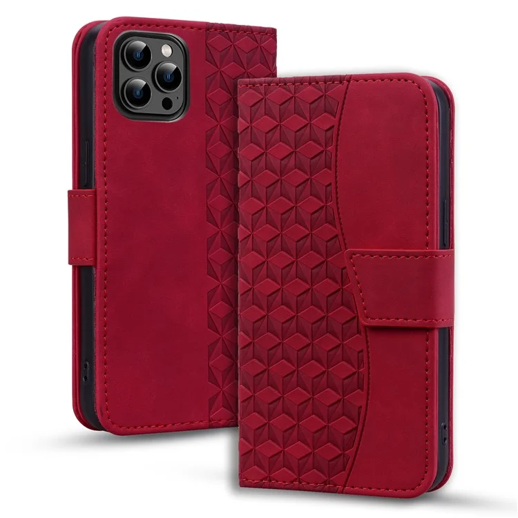 For iPhone 14 Pro Case Imprinted Rhombus Phone Leather Cover - Wine Red