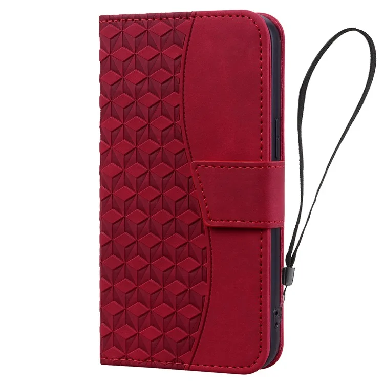 For iPhone 14 Pro Case Imprinted Rhombus Phone Leather Cover - Wine Red