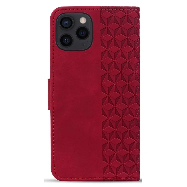 For iPhone 14 Pro Case Imprinted Rhombus Phone Leather Cover - Wine Red