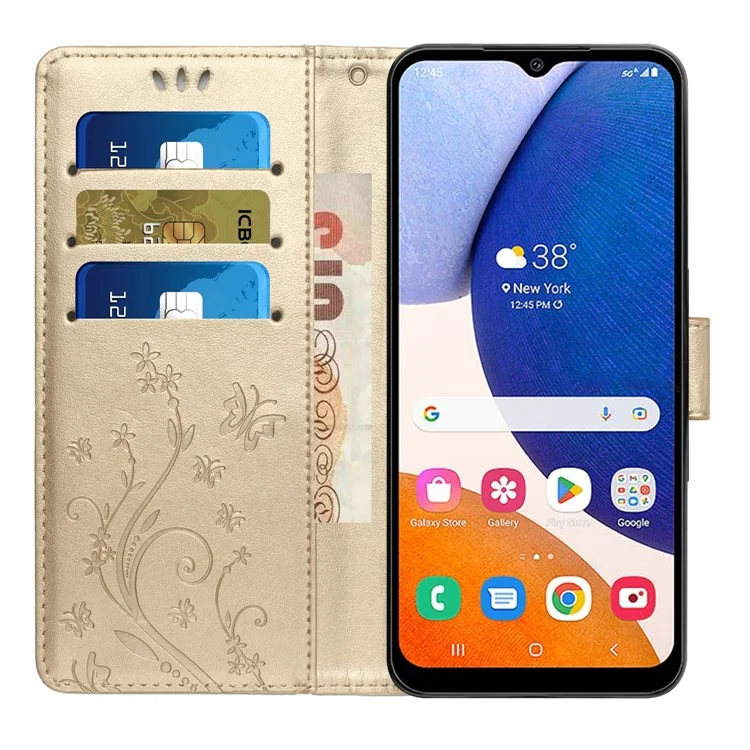 For Samsung Galaxy A15 4G Leather Case Butterfly Imprint Wallet Cover - Gold