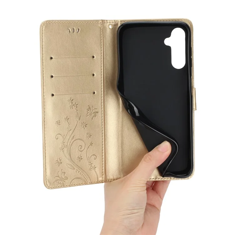 For Samsung Galaxy A15 4G Leather Case Butterfly Imprint Wallet Cover - Gold