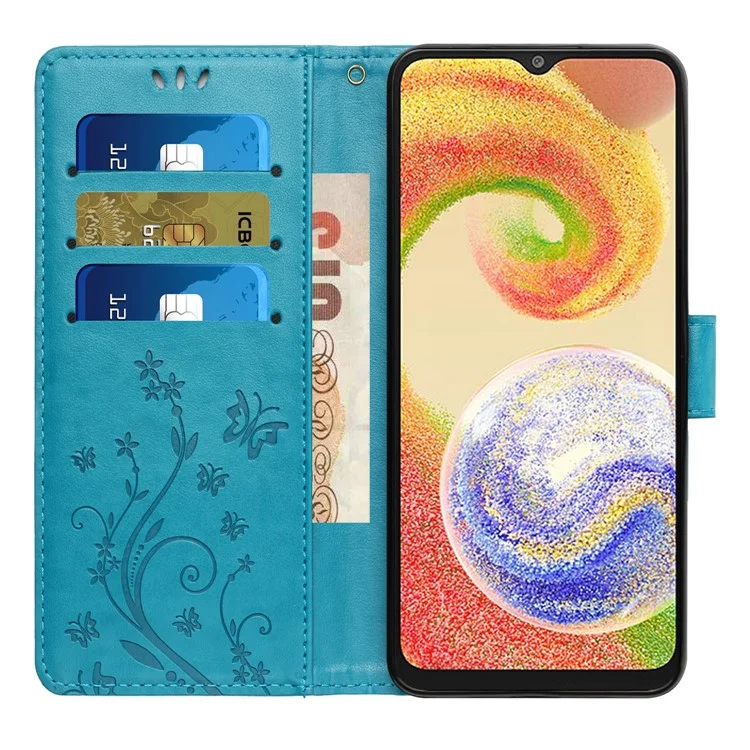 For Samsung Galaxy A05 4G Case Wallet Leather Cover with Imprinted Butterfly - Blue