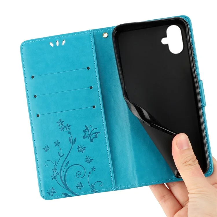 For Samsung Galaxy A05 4G Case Wallet Leather Cover with Imprinted Butterfly - Blue