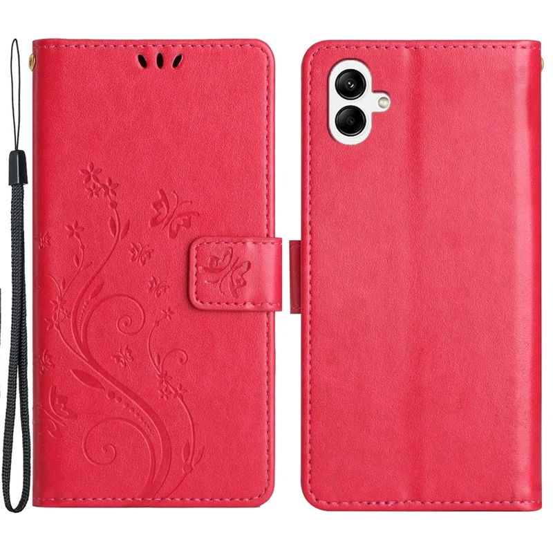 For Samsung Galaxy A05 4G Case Wallet Leather Cover with Imprinted Butterfly - Red