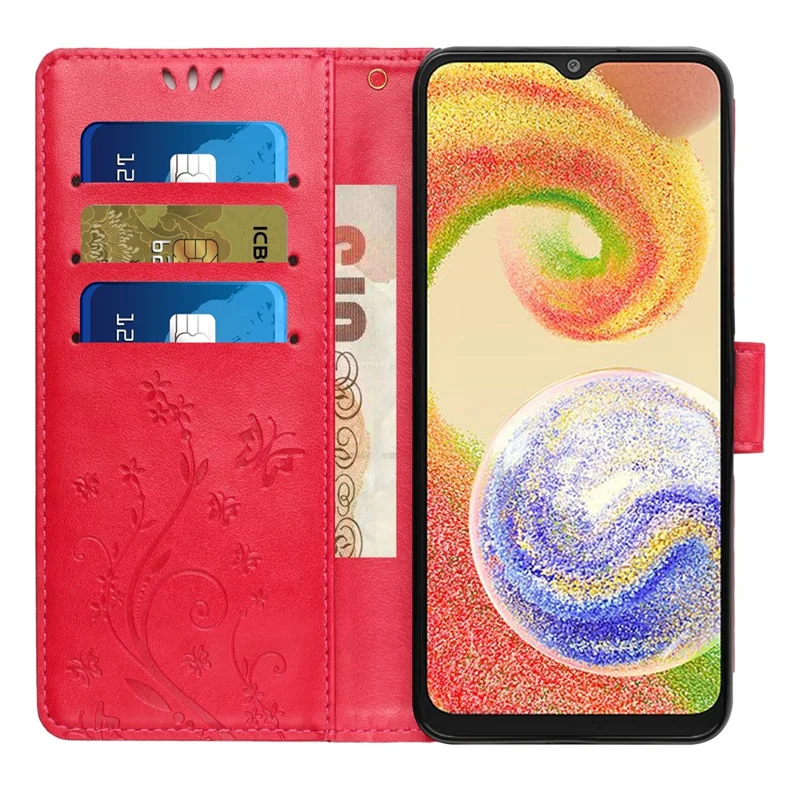 For Samsung Galaxy A05 4G Case Wallet Leather Cover with Imprinted Butterfly - Red