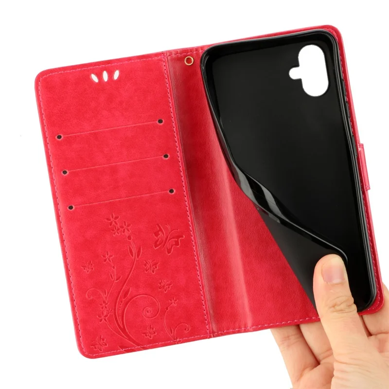 For Samsung Galaxy A05 4G Case Wallet Leather Cover with Imprinted Butterfly - Red