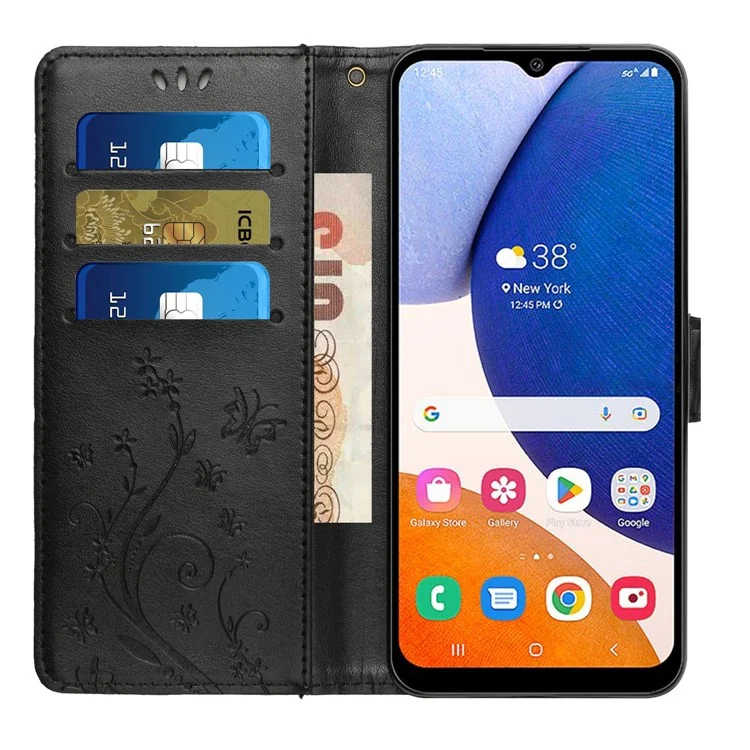 Para Samsung Galaxy A05s 4G Case Wallet Stand Butterfly Imprint Phone Cover - Preto