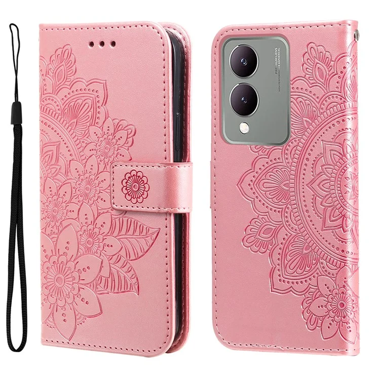 Per vivo Y17s 4G Case Flower Imprinted PU Leather Wallet Cover - Pink