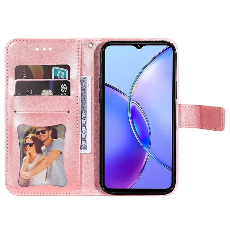 Per vivo Y17s 4G Case Flower Imprinted PU Leather Wallet Cover - Pink