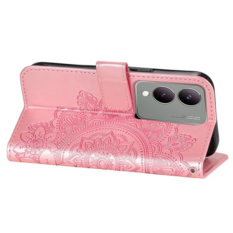 Per vivo Y17s 4G Case Flower Imprinted PU Leather Wallet Cover - Pink