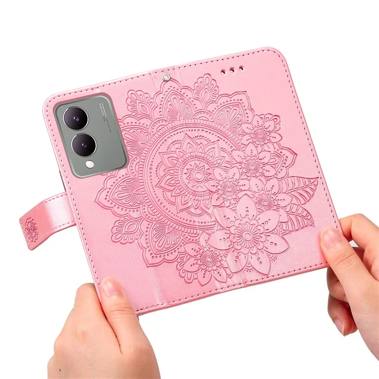 Per vivo Y17s 4G Case Flower Imprinted PU Leather Wallet Cover - Pink