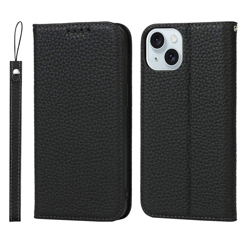 For iPhone 15 Plus Case Litchi Texture Genuine Cow Leather Cell Phone Cover Stand Wallet - Black