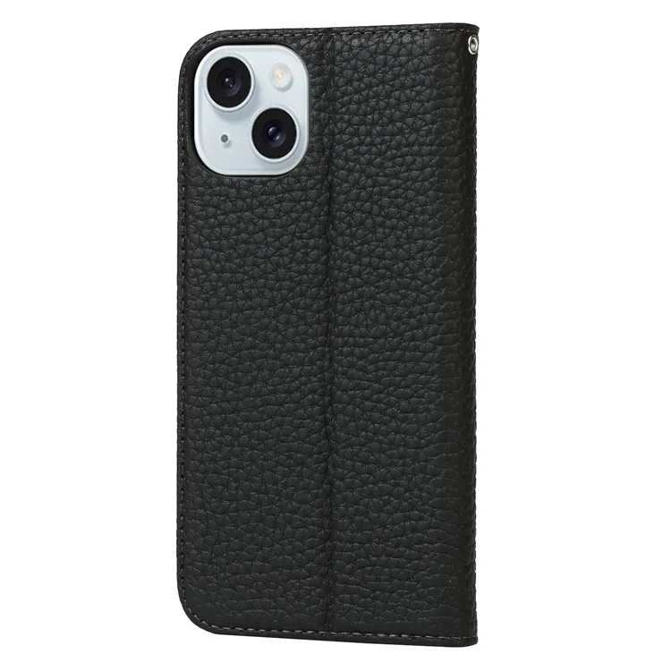 For iPhone 15 Plus Case Litchi Texture Genuine Cow Leather Cell Phone Cover Stand Wallet - Black