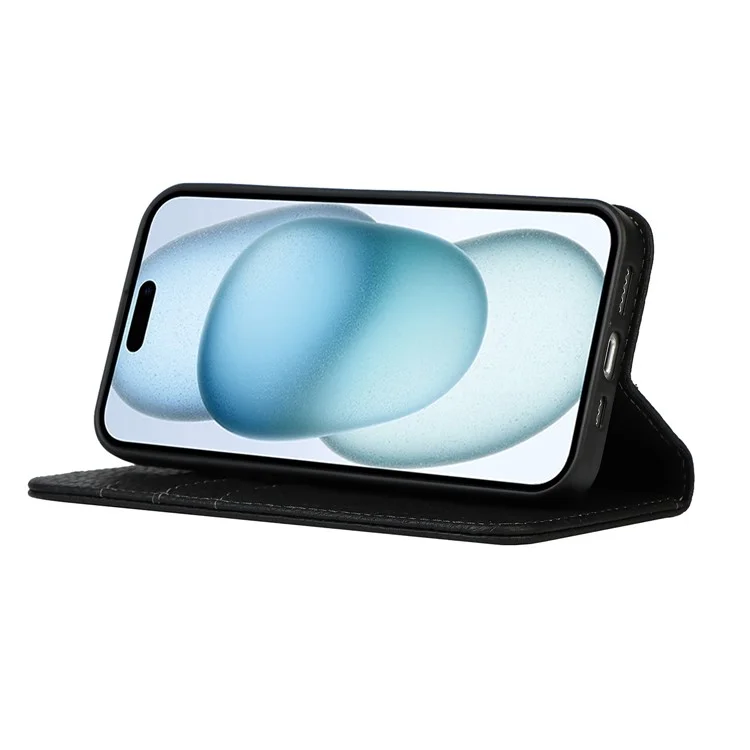 For iPhone 15 Plus Case Litchi Texture Genuine Cow Leather Cell Phone Cover Stand Wallet - Black