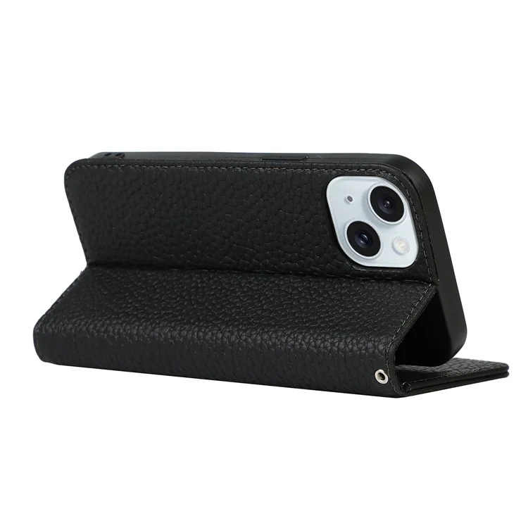 For iPhone 15 Plus Case Litchi Texture Genuine Cow Leather Cell Phone Cover Stand Wallet - Black