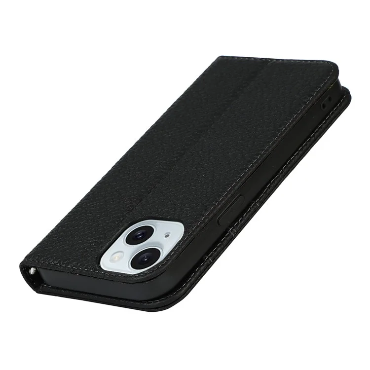 For iPhone 15 Plus Case Litchi Texture Genuine Cow Leather Cell Phone Cover Stand Wallet - Black