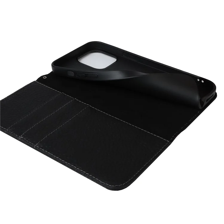For iPhone 15 Plus Case Litchi Texture Genuine Cow Leather Cell Phone Cover Stand Wallet - Black