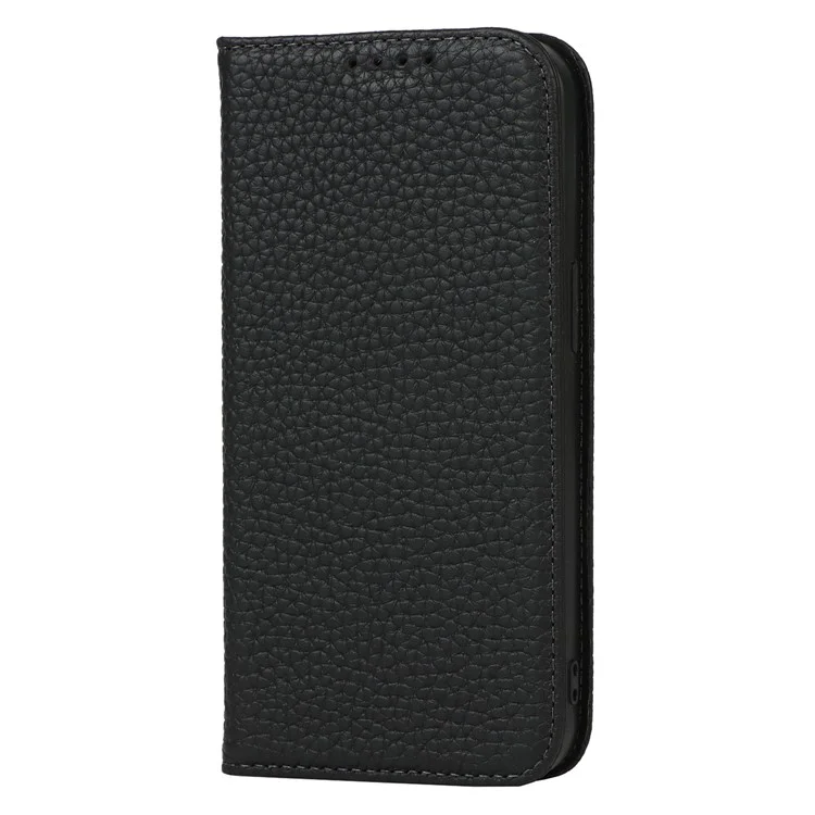 For iPhone 15 Plus Case Litchi Texture Genuine Cow Leather Cell Phone Cover Stand Wallet - Black