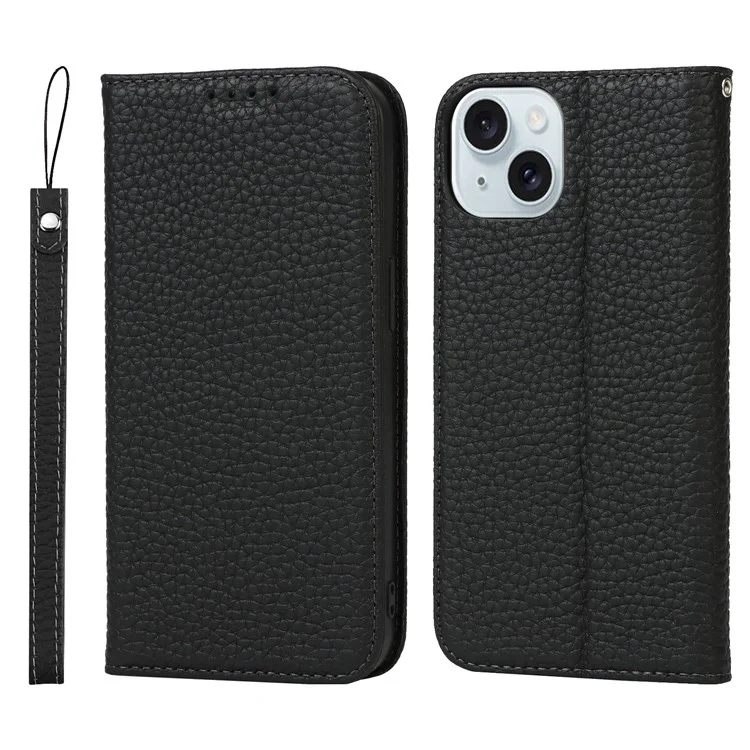 Per iPhone 15 Case Litchi Texture Anti-graffio Genuine Cow Leather Cover Stand Wallet - Nero