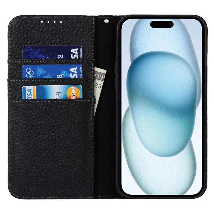 Per iPhone 15 Case Litchi Texture Anti-graffio Genuine Cow Leather Cover Stand Wallet - Nero