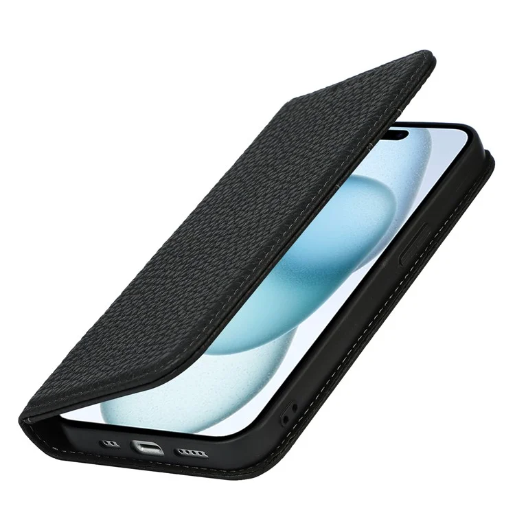 Per iPhone 15 Case Litchi Texture Anti-graffio Genuine Cow Leather Cover Stand Wallet - Nero