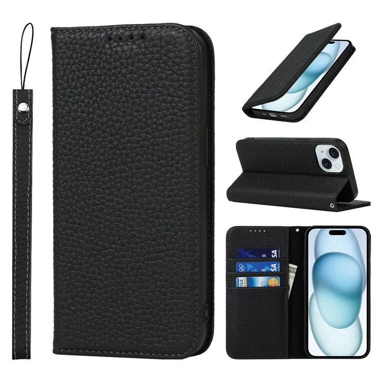 Per iPhone 15 Case Litchi Texture Anti-graffio Genuine Cow Leather Cover Stand Wallet - Nero
