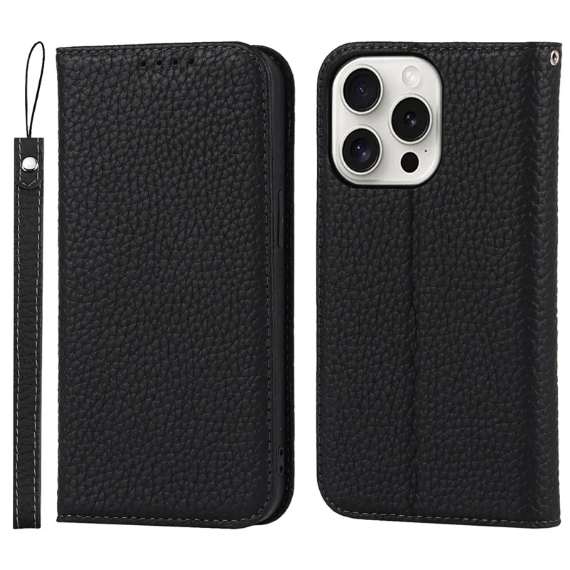 For iPhone 15 Pro Max Case Litchi Texture Genuine Cow Leather Phone Wallet Cover - Black