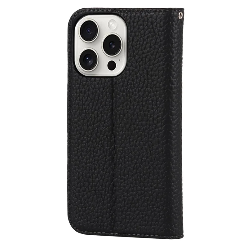 For iPhone 15 Pro Max Case Litchi Texture Genuine Cow Leather Phone Wallet Cover - Black