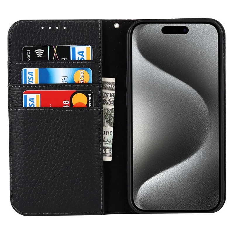 For iPhone 15 Pro Max Case Litchi Texture Genuine Cow Leather Phone Wallet Cover - Black