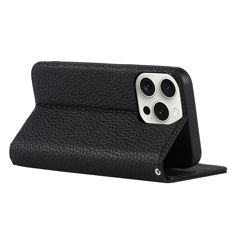 For iPhone 15 Pro Max Case Litchi Texture Genuine Cow Leather Phone Wallet Cover - Black