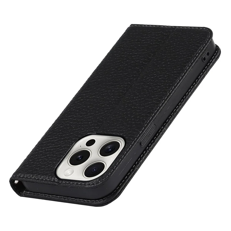 For iPhone 15 Pro Max Case Litchi Texture Genuine Cow Leather Phone Wallet Cover - Black