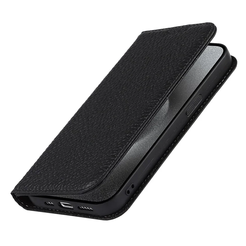 For iPhone 15 Pro Max Case Litchi Texture Genuine Cow Leather Phone Wallet Cover - Black