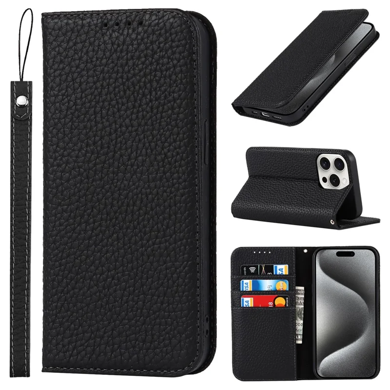 For iPhone 15 Pro Max Case Litchi Texture Genuine Cow Leather Phone Wallet Cover - Black