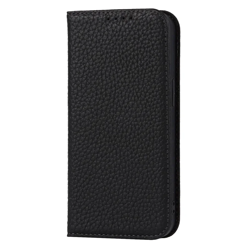 For iPhone 15 Pro Max Case Litchi Texture Genuine Cow Leather Phone Wallet Cover - Black