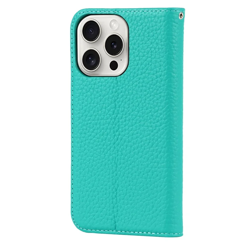 For iPhone 15 Pro Max Case Litchi Texture Genuine Cow Leather Phone Wallet Cover - Green