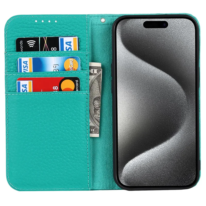 For iPhone 15 Pro Max Case Litchi Texture Genuine Cow Leather Phone Wallet Cover - Green