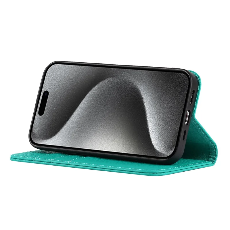 For iPhone 15 Pro Max Case Litchi Texture Genuine Cow Leather Phone Wallet Cover - Green