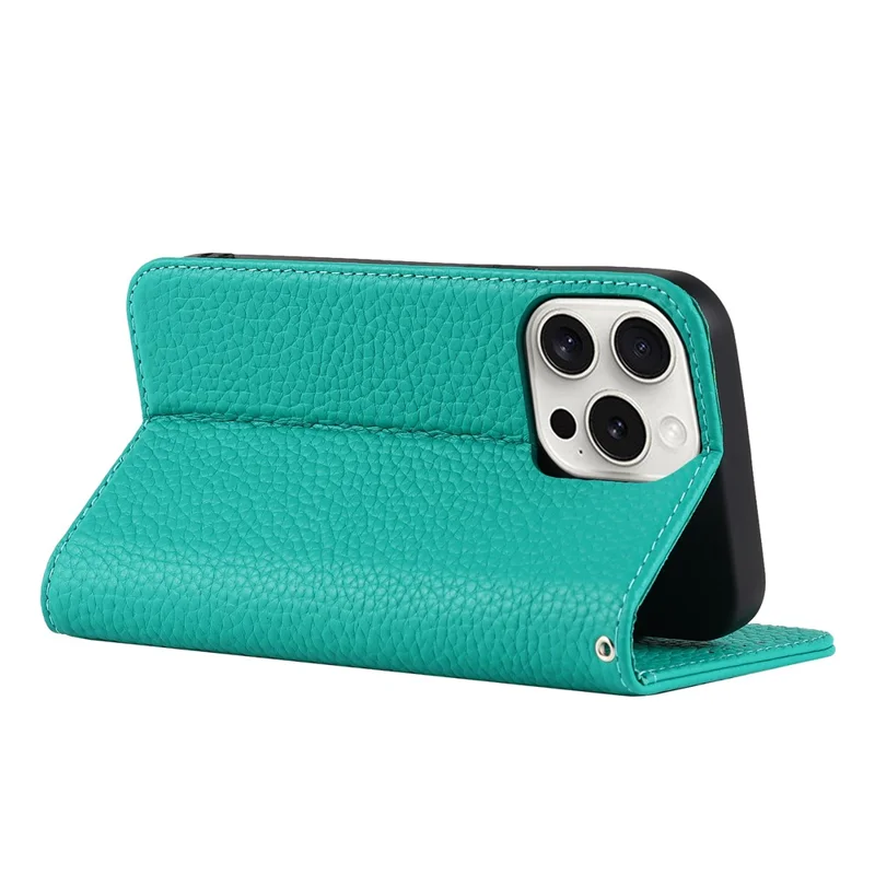 For iPhone 15 Pro Max Case Litchi Texture Genuine Cow Leather Phone Wallet Cover - Green