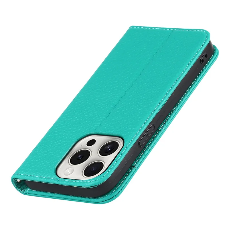 For iPhone 15 Pro Max Case Litchi Texture Genuine Cow Leather Phone Wallet Cover - Green