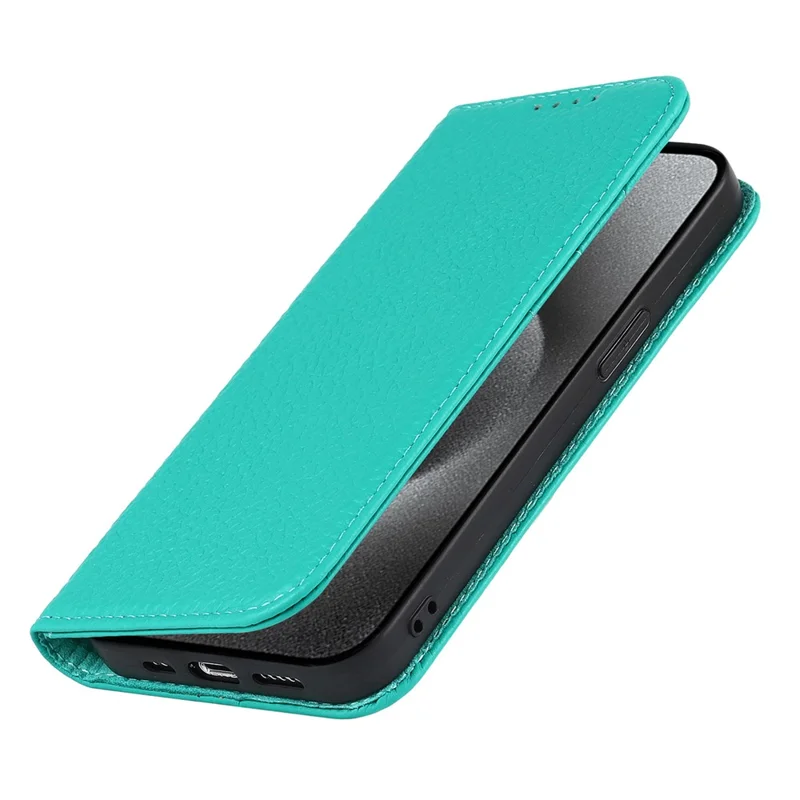For iPhone 15 Pro Max Case Litchi Texture Genuine Cow Leather Phone Wallet Cover - Green