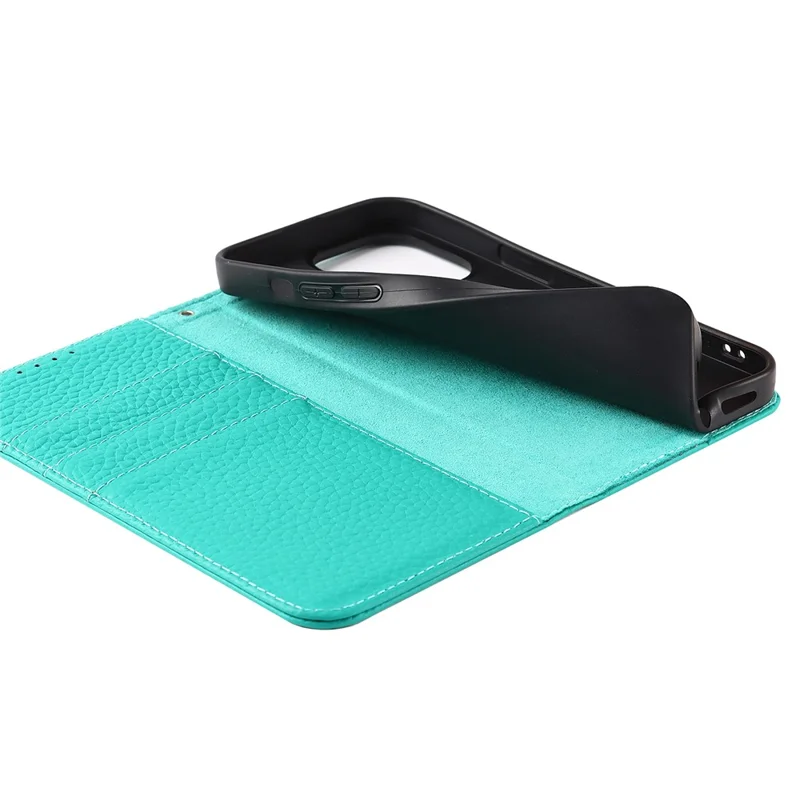 For iPhone 15 Pro Max Case Litchi Texture Genuine Cow Leather Phone Wallet Cover - Green