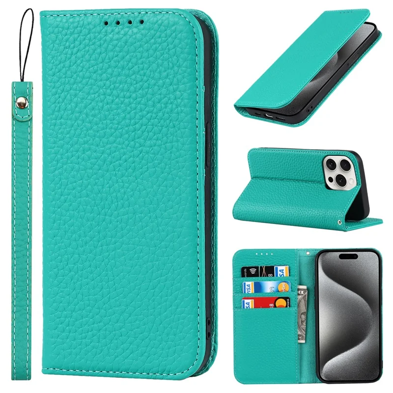 For iPhone 15 Pro Max Case Litchi Texture Genuine Cow Leather Phone Wallet Cover - Green