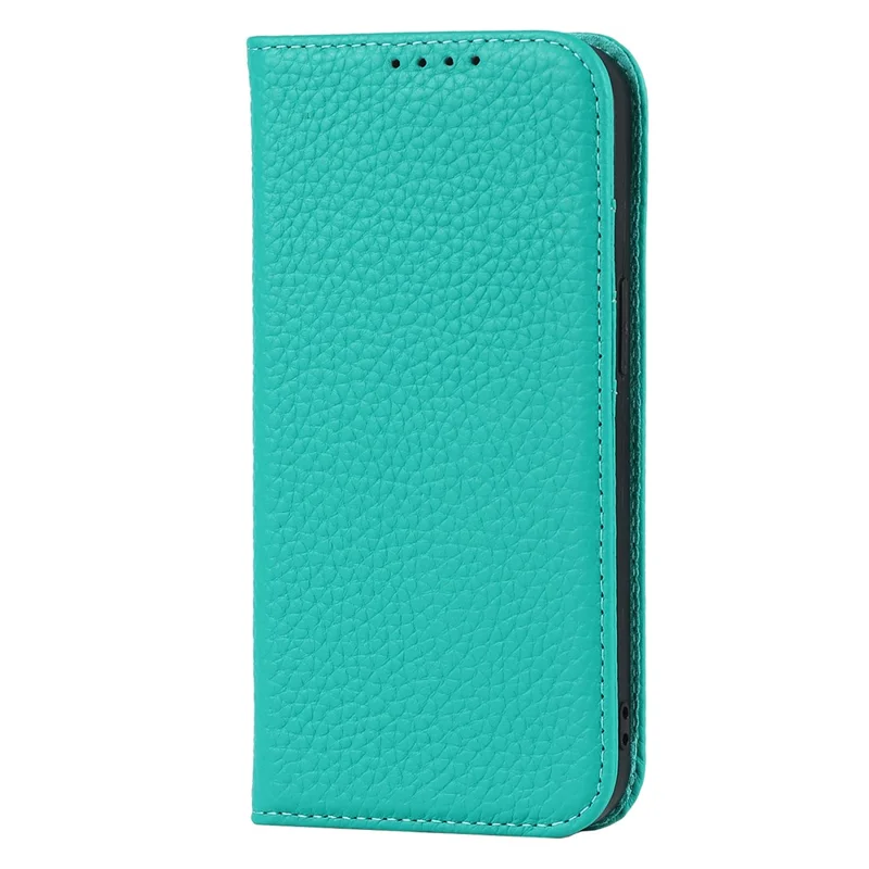 For iPhone 15 Pro Max Case Litchi Texture Genuine Cow Leather Phone Wallet Cover - Green