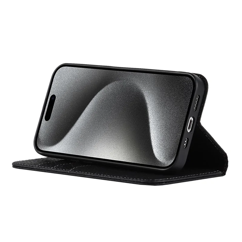 Para iPhone 15 Pro Case Genuine Cow Leather Litchi Texture Phone Shell Wallet Cover - Black
