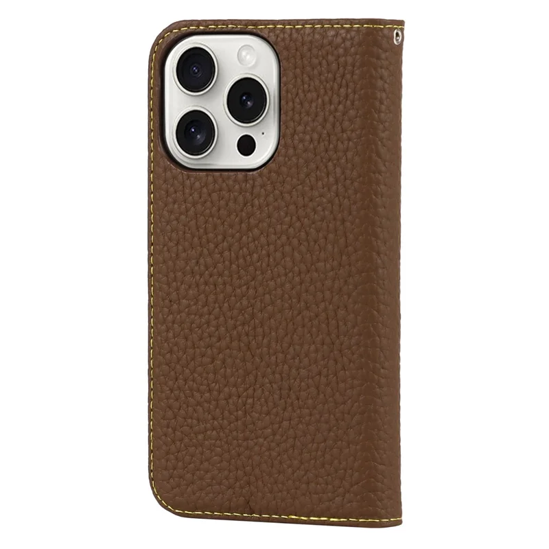 For iPhone 15 Pro Case Genuine Cow Leather Litchi Texture Phone Shell Wallet Cover - Khaki