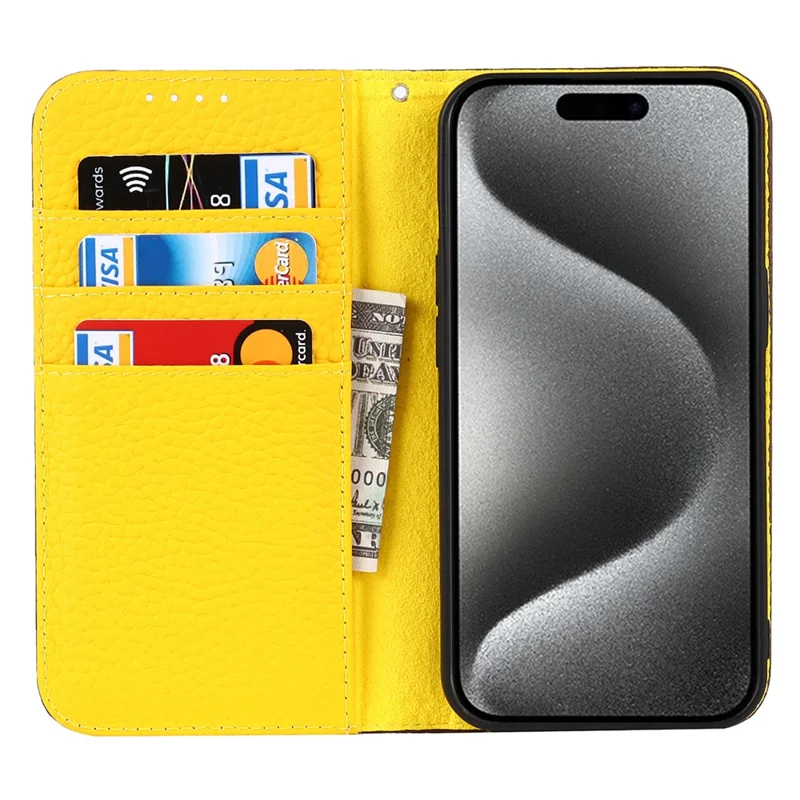 For iPhone 15 Pro Case Genuine Cow Leather Litchi Texture Phone Shell Wallet Cover - Khaki