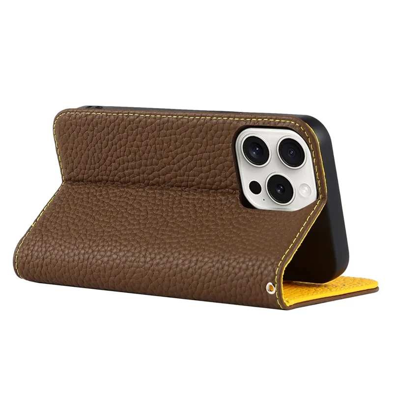 For iPhone 15 Pro Case Genuine Cow Leather Litchi Texture Phone Shell Wallet Cover - Khaki